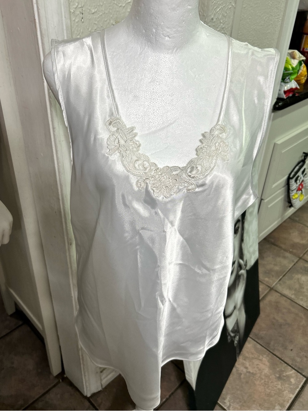 White Satin Lace-Trim Slip Tank
